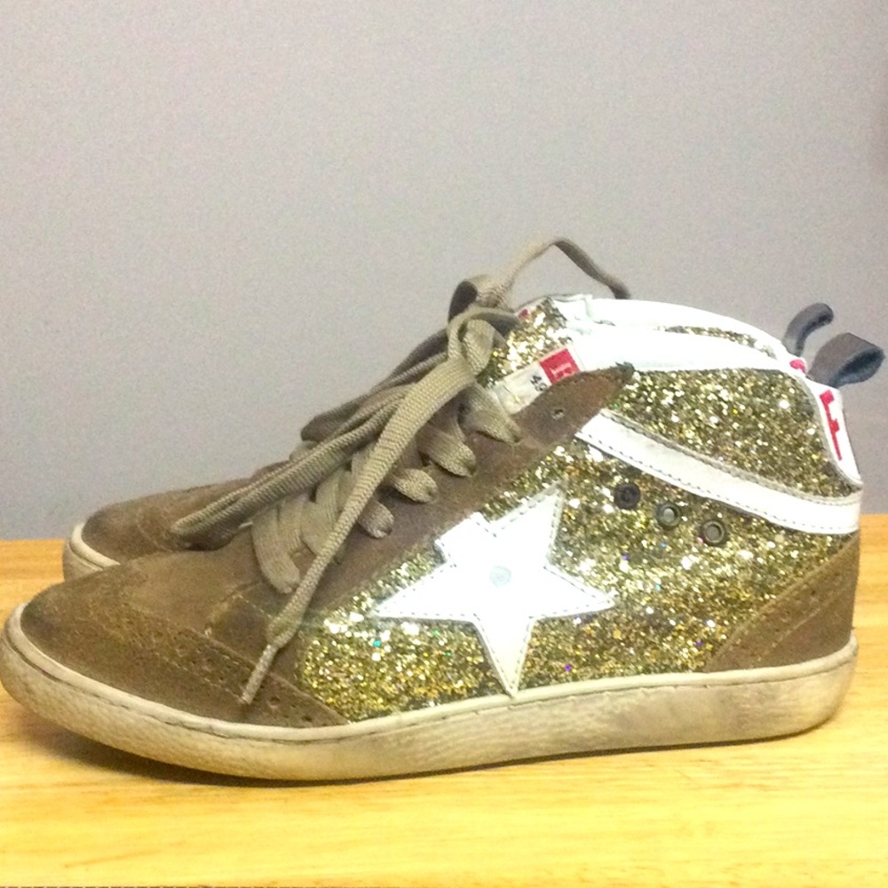 🌞 Freebird leather mid-top sneakers brown gold sparkle white size 7 *RARE*